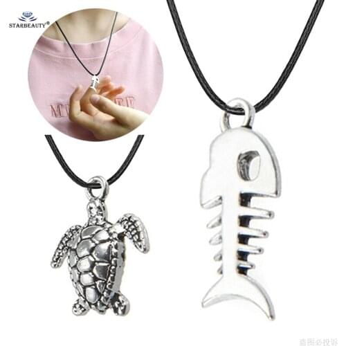 Starbeauty Turtle Fish Bone Black Snake Texture Leather Necklace Men Women Neckless 16" Long Necklace Chain Pendant Neck Jewelry