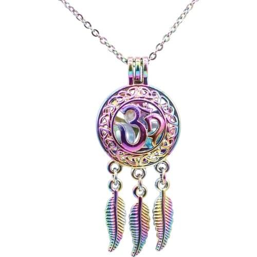1pc Rainbow Color Yoga Ohm OM Dream Catcher Pearl Cage Necklace Jewelry Essential Oil Diffuser Cage Pendant with 20'' Chain
