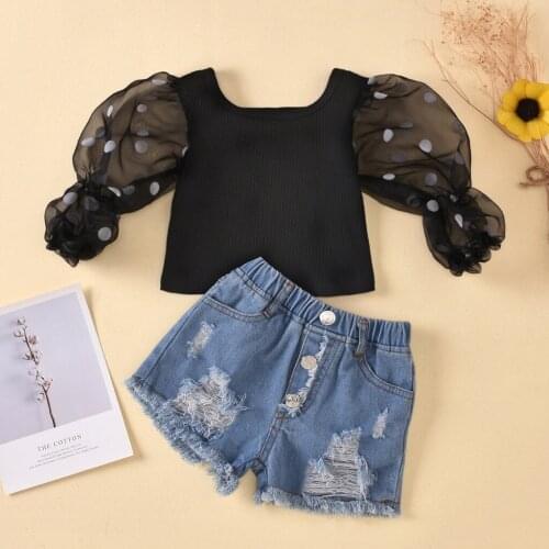2021 Summer Children Clothing Baby Kids Girls Puff Sleeve Polka Dot Long Sleeve Tops +Jean Shorts Outfits комплекты одежды