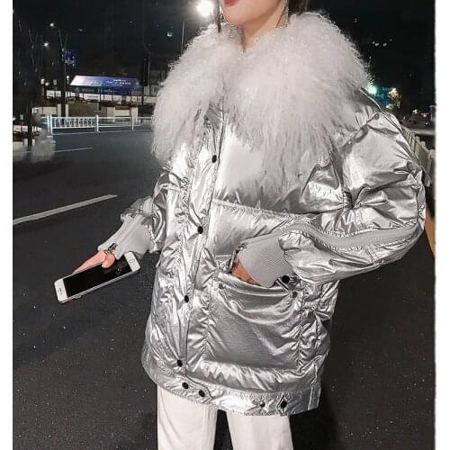 2021 Winter Beach Wool Collar Down Parka Coat Womens Bright Face Down Jacket Female Casual Loose White Duck Down Coats Overcoat