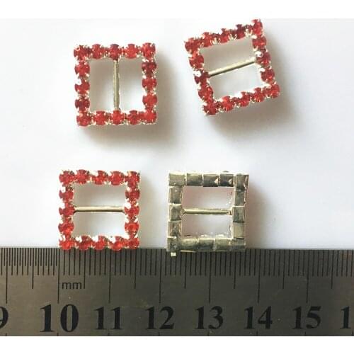 CJSIR 10Pcs 16mm Silver Square Red Rhinestone Metal Buckle Slider for Wedding Invitation Decor Christmas Buckles DIY