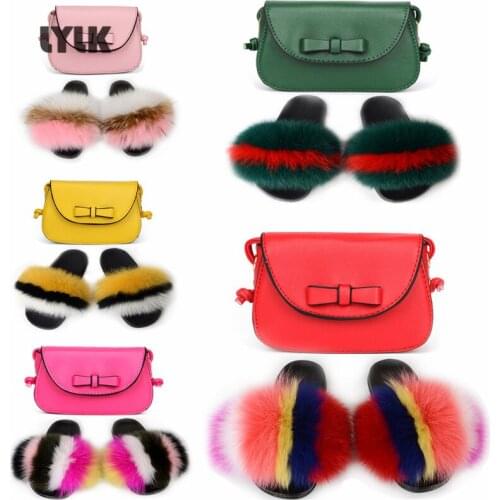 Kids Real Fox Fur Slippers Girls Fluffy Furry Slides Home Plush Shoes Cute Cartoon Bowknot Satchel Set Childrens Shoulder Bags