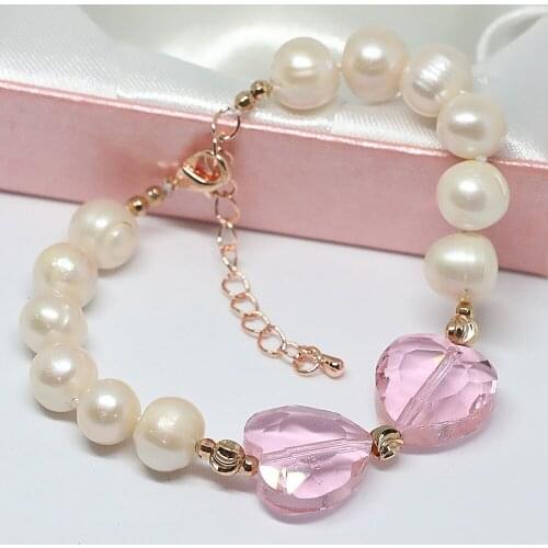 Trendy lovely freshwater natural pearl white orange purple bracelet crystal heart beads fashion newly jewelry B1406