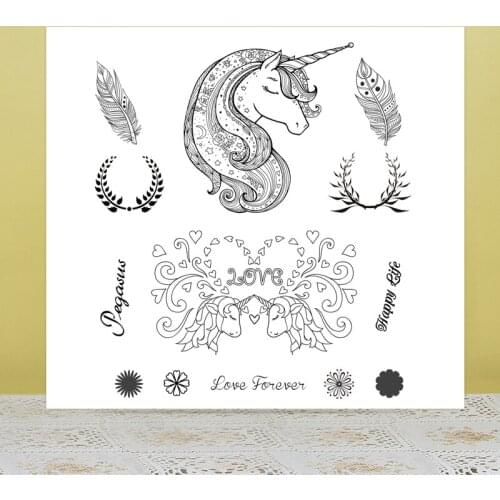 AZSG Unicorn Feather Flower Clear Stamps/Seals For DIY Scrapbooking/Card Making/Album Decorative Silicone Stamp Crafts