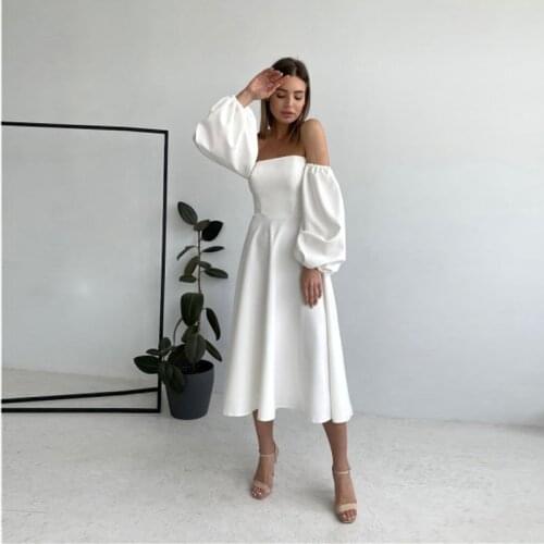 Churses Sexy One Word Collar Backless Midi Dress Autumn Fashion Puff Sleeve A-Line Party Night Club Dresses For Women 2021