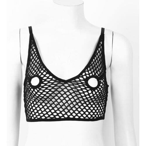 Sexy Womens Erotic Hollow Out Netted Lingerie Adjustable Spaghetti Shoulder Straps Open Nipples Bare Breast Longline Bra Tops