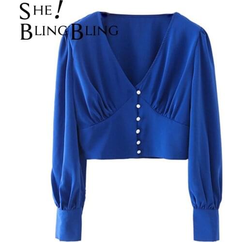 SheBlingBling 2021 Za Woman Casual Crop Tops Autumn Puff Sleeve Ruched Detail Faux Pearl Buttons Skinny Shirt Slim Traf Blouses