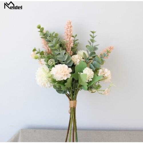 Meldel Wedding Flower Bouquet Bride Fortune Ball Artificial Silk Flower Bouquet Pompom Begonia Eucalyptus Leaf Wedding Bouquets