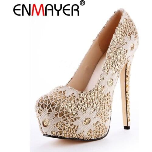 ENMAYER Platform Pumps Women Sexy Extremely High Heels Shoes Bridal Stiletto Ladies Wedding Lace Party Shoes Thin heels CR114