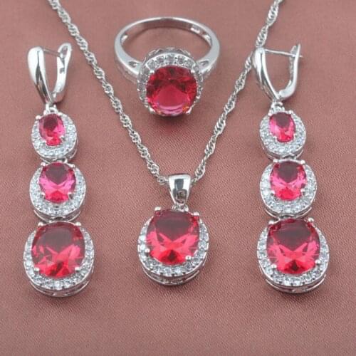 Elegant Red Zirconia Womens Silver Color Jewelry Sets Necklace Pendant Drop Earrings Rings Free Shipping TZ0124