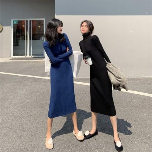 Women Maxi Dress Turtleneck Knitted Long Dresses Long Sleeve Long Sweater Dress 2020 Autumn Winter