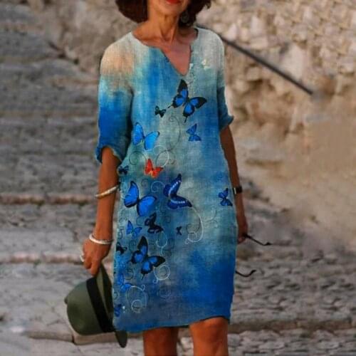 Womens Summer Mini Dress Printed Casual V-neck Comfty Loose Short Sleeve Dress Lady Vintage Retro Cotton Linen Dresses Robe