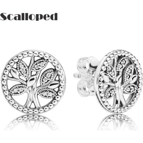 SCALLOPED European Classic Tree Of Life Stud Earrings Brilliant Crystal Ear Piercing Women Luxurious Jewelry Girlfriend Gift