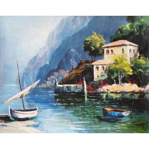 Free shipping Mediterranean sea boat house seascape oil painting canvas painting prints on canvas wall art decoration picture