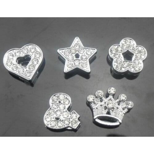 20pcs/lot 8mm full rhinestones heart star flower & crown slide charms fit for 8MM leather bracelet key chains