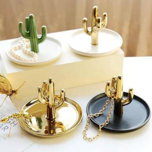 Nordic Golden Cactus Ceramic Jewelry Plate Export Ring Necklace Jewelry Tray Storage Creative Decoration Figurines Miniatures