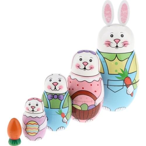 Lovely 5 Pieces Wooden Cute Hand Animal Painted Russian Nesting Dolls Table Decoration Kids Birthday Gifts Rabbit