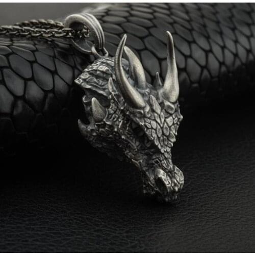 Nordic Viking Dragon Pendant Necklace Vintage Silver Color Domineering Rhino Horn Statement Necklaces for Women Men Boho Jewelry