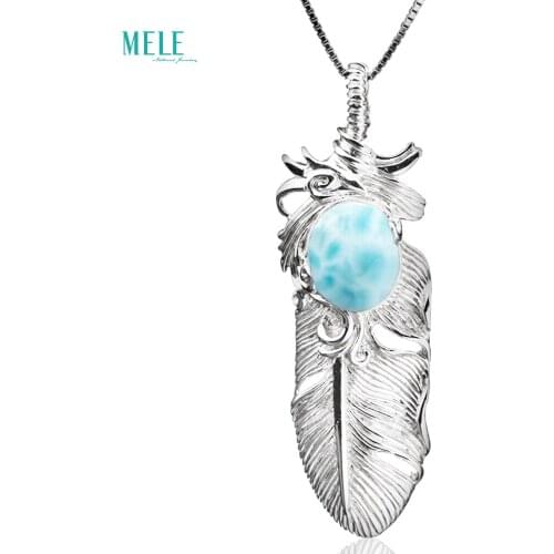 Natural Turquoise10*12 mm 5CT Feather 925 Silver Pendant Retro Personality Fashion Classic National Feather Necklace