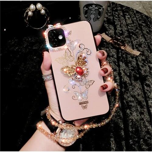 Luxury 3D Beautiful Diamond Butterfly Crystal Chain Case Cover For Iphone 11 Pro XS Max XR X 8 7 6 6S Plus SE Fashion Bling Case