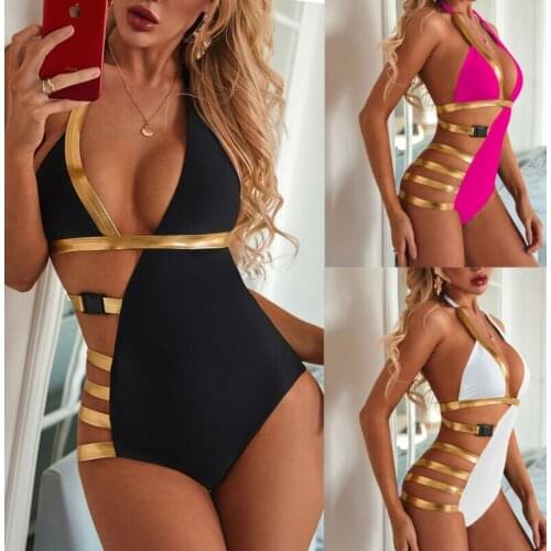 Womens Sexy Golden Bandage One Piece Swimsuit Brazilian Push Up Bikini Swimwear