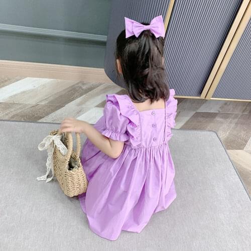 2020 Summer Kids Baby Girls Princess Dress Cotton Purple Ruffle Square Collar Puff Sleeve Children Dress for Party and Wedding
