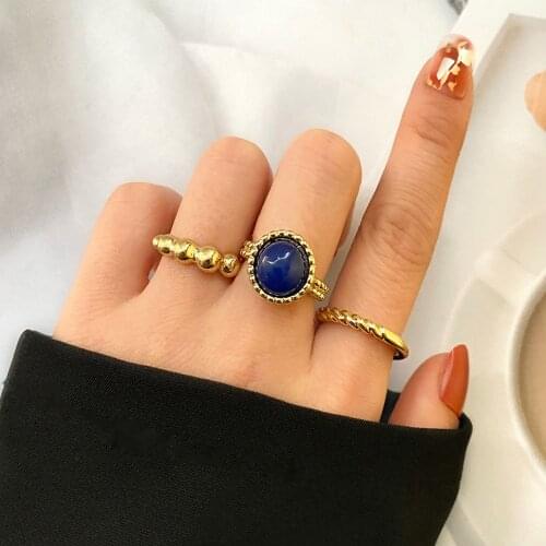 3Pcs/Set Vintage Gold Twisted Round Blue Stone Joint Ring Set Female Geometric Alloy Metal Charm Ring Fashion Jewelry Gift
