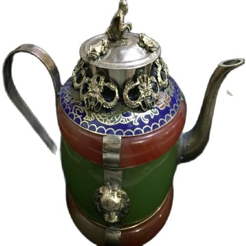 Antique white copper seedling silver imitation Jasper green jade agate water pot teapot wine pot furniture accessories