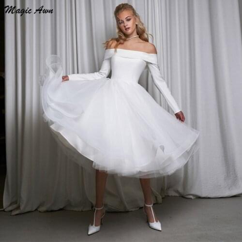 Magic Awn Off The Shoulder White Wedding Dresses Long Sleeves Boho A-Line Tea-Length Wedding Party Gowns Simple Hochzeitskleid
