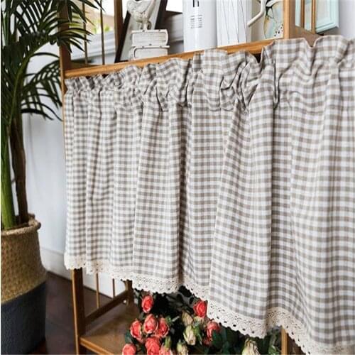Free Shipping Quality Beig Grid Curtain Closet Coffee Kitchen Short Small Shades Blinds Home Window Drapes Valance Purdanh Decor