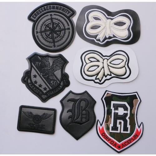 Embroidery Black PU Leather Military letters icon Applique Patches For Fashion Clothes Shoes DIY Iron on Badges on a backpack