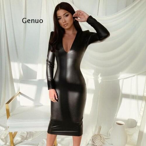 Long Sleeve V-Neck Bodycon Sexy Midi Dress Winter Women Fashion Party Streetwear Pure Outfits