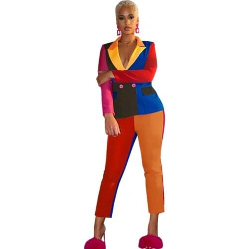 African Clothes Set For Women Full Sleeve Notched Neck Tops Pant Suits Summer Thin Panelled Slim African Office Lady Blazer Suit