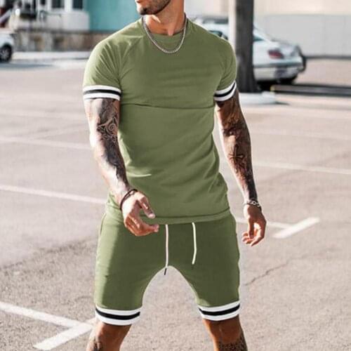 Men Tracksuit Set Contrast Color Patchwork Summer Short Sleeve T-shirt Drawstring Shorts for Fitness