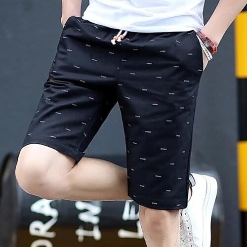 Men Casual Fishbone Print Drawstring Pockets Cotton Beach Shorts Fifth Pants
