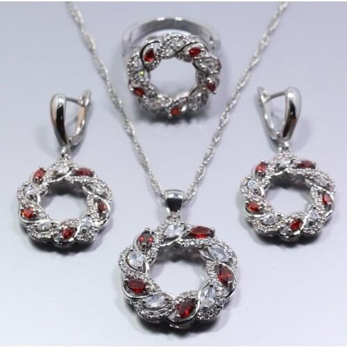2017 New Hollow Red Garnet White Crystal Color Women Jewelry Set Earrings Ring Necklace Pendant Free Gift TZ275