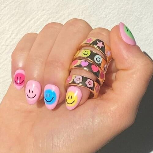 Wholesale Gold Color Colorful Enamel Heart Smile Women Girl Party Wedding Stacking Love Eternity Charm Finger Band Rings Jewelry