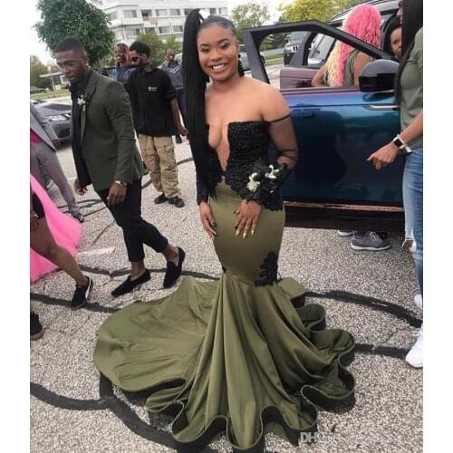 2019 Mermaid Olive Green Prom Dresses for Black Girls Applique Long Sleeves Formal Party Evening Wear gown Vestido De Festa