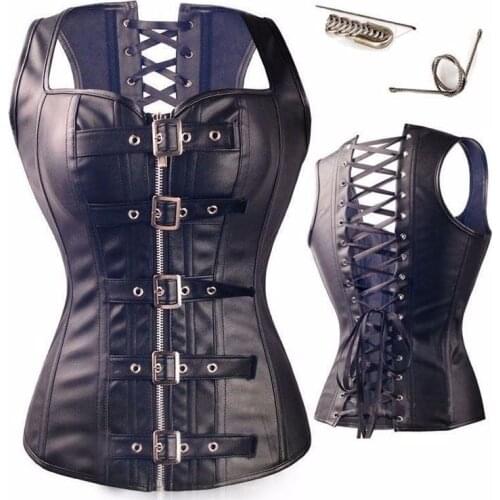 Sexy Black Faux Leather Buckle Overbust Waistcoat Corset Top Steampunk Women Bustier Cincher Corselet 10 Steel Boned Corset 8200
