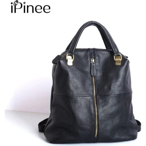 IPinee 100% Genuine Leather Black Handbag Women Multifunction Tote Large Capacity Lady Crossbody Messenger Purse Black Hobos Bag