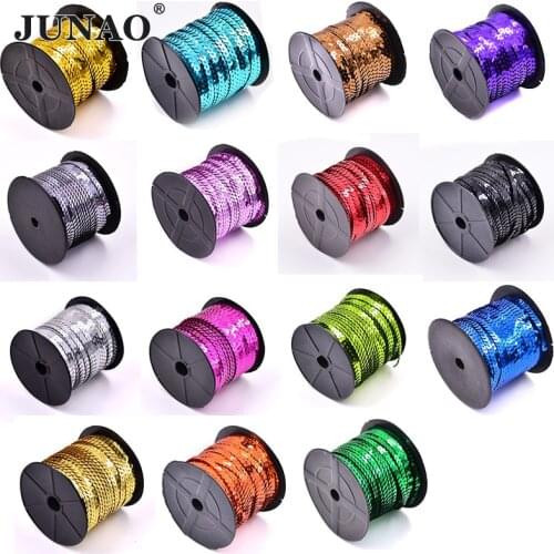 JUNAO 6mm Gold Silver Color Sewing Sequins Trim Chain Giltter Sewing Paillettes Sequin Fabric For Clothes Needlework Crafts