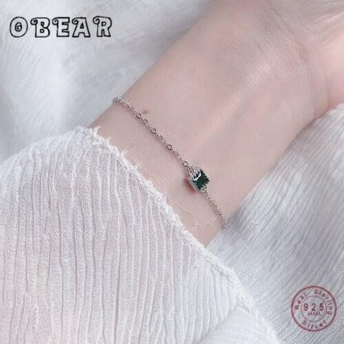 OBEAR Single Green Zircon Square Bracelets for Women 925 Sterling Silver Elegant Light Luxury Female Bracelets Jewelry Gift
