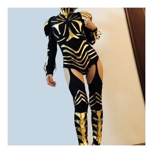 Female Warrior Soldier Role-playing Performance Clothes Gold Mirror Armor Jumpsuit DJ Nightclub Dance Team Stage Cosplay Costume