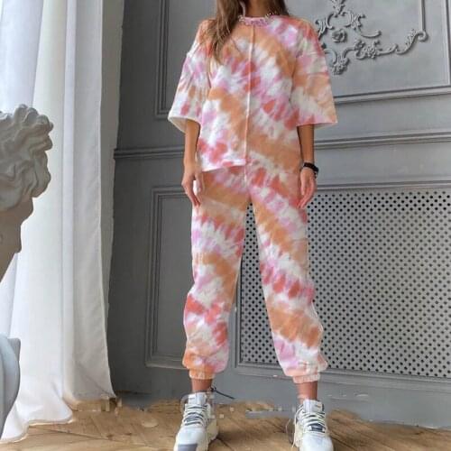 Tracksuit Women Casual 2021 Summer Set Loose Print Half Sleeve Shirt Tops And Pants Suit Two Piece Sets Ladies Clothes Outfits