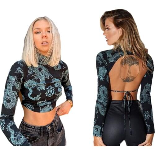 Women Dragon Pattern Print Crop T-shirts Tops Long Sleeve Backless Sexey Tees Top Women Cropped Skinny Elastic Clothing