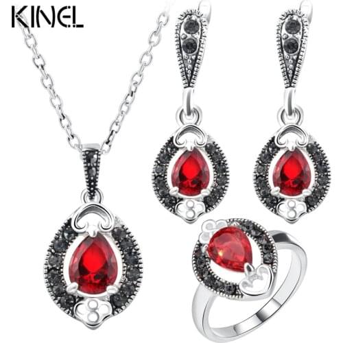 Kinel Womens Fashion Silver Color Pendant Necklace And Earring Ring Retro Jewelry Set Red Zircon Love Heart Bridal Jewelry Sets