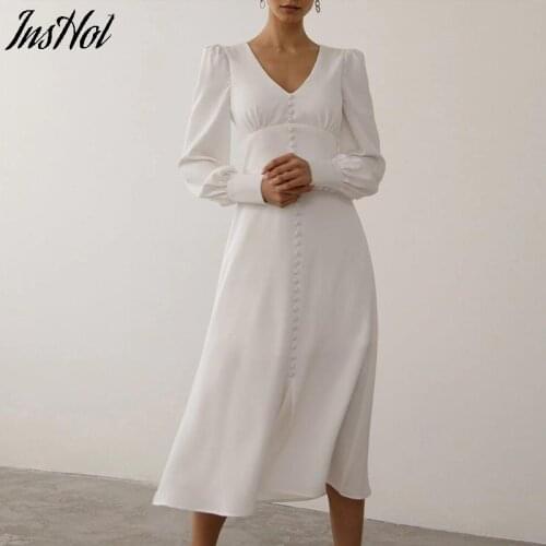 Satin Prom Womens Long Dress For Party Lantern Sleeve A-Line High Waist Slim Elegant Dresses 2021 Clothes