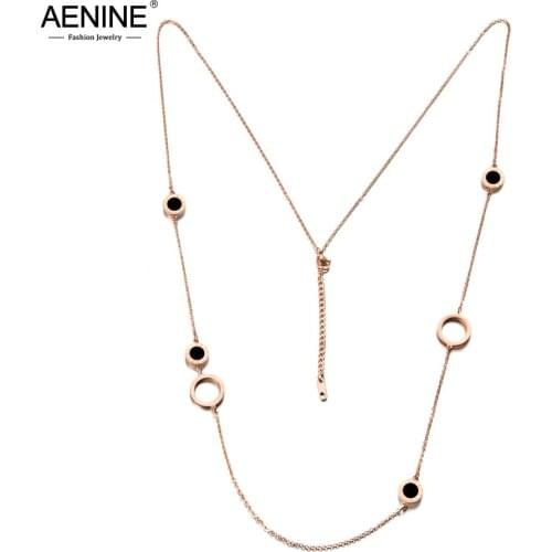 AENINE Trendy Double Sided Black & White Shell Stainless Steel Charm Sweater Necklace 36 Inches Chain Necklace For Women AN18254