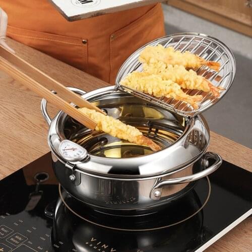 20cm 24cm 304 Stainless Steel Fryer Pan Household Japanese Fryer Deep Frying Pot With Thermometer Mini Kitchen Frying Supplies