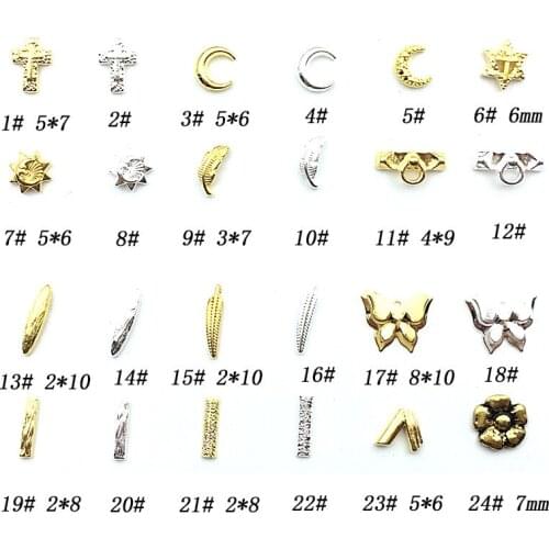50pcs/pack metal nail art cross moon butterfly leaf flower sun for jewelry nails sticker decoration gel nail art tools
